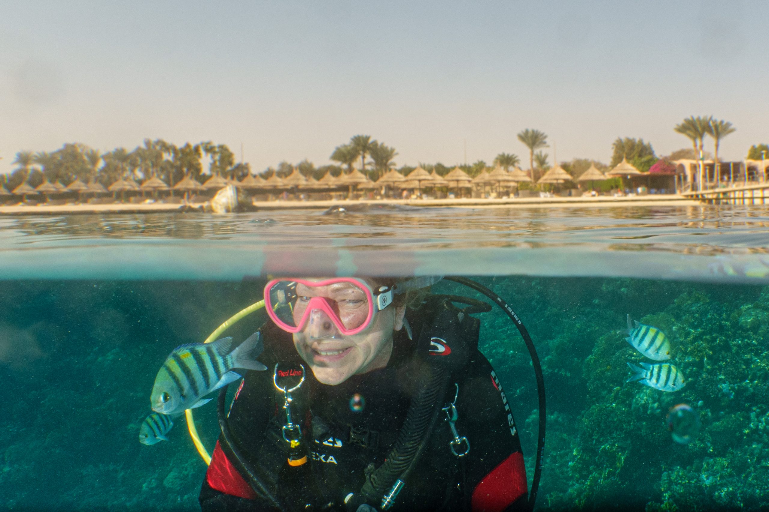 Scuba diver with pink goggles underwater near beachside resort, surrounded by striped fish and sunlit ocean views.