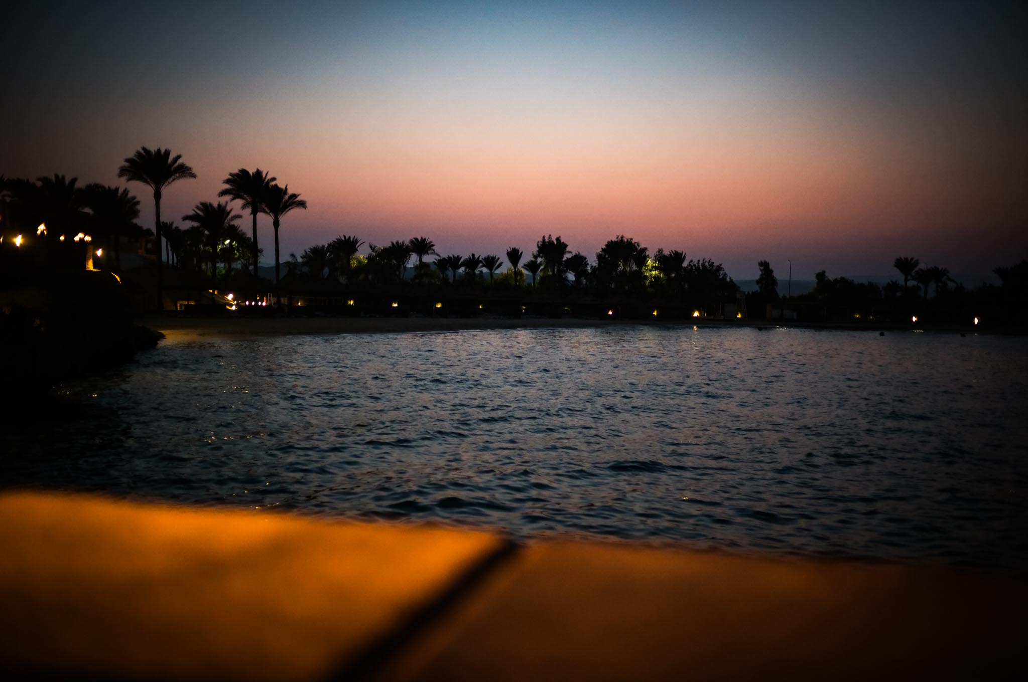 Serene beachfront at dusk with palm trees silhouetted against a colorful sunset sky, lights illuminating the shoreline.