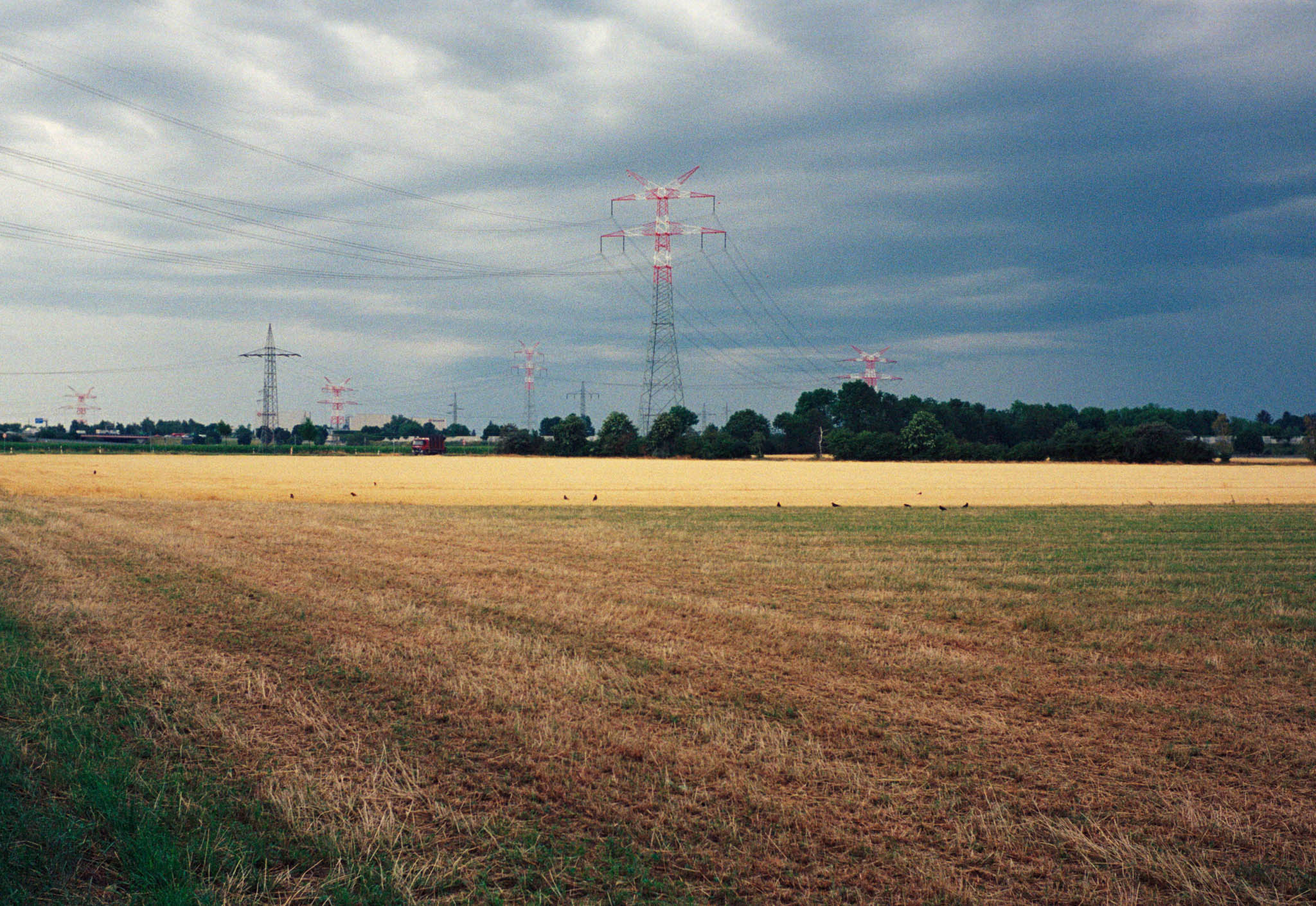 Wide farmland with brown and yellow fields, power lines, and a cloudy sky in the background.