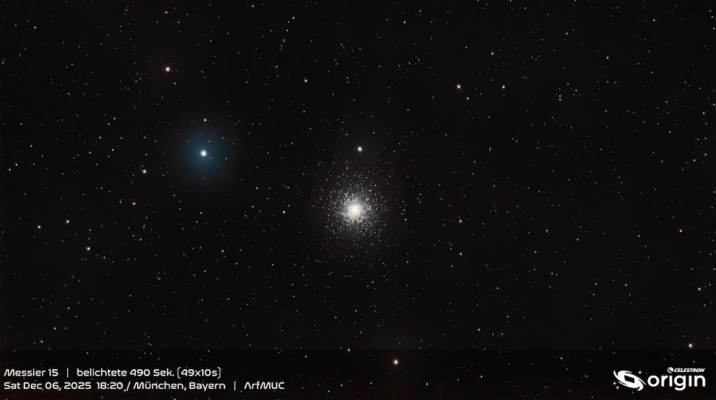 Starry night sky with a bright, dense cluster of stars, featuring Messier 15, surrounded by scattered stars.
