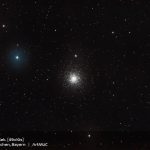 Starry night sky with a bright, dense cluster of stars, featuring Messier 15, surrounded by scattered stars.
