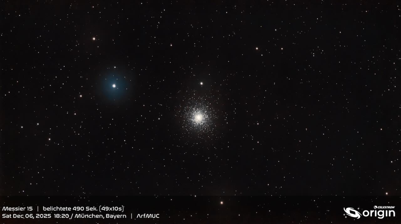 Starry night sky with a bright, dense cluster of stars, featuring Messier 15, surrounded by scattered stars.