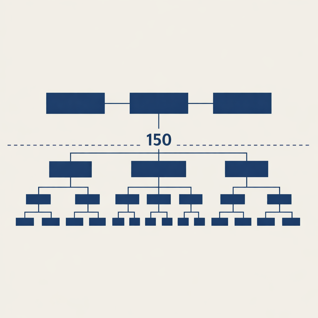 Minimalist org-chart diagram with a horizontal dashed line labeled 150 separating a large unified structure above from subdivided smaller groups below