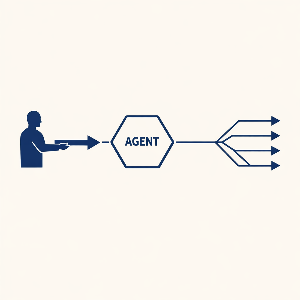Diagram of one human silhouette passing a goal to a central node that branches into multiple task arrows