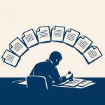 A figure at a desk with twelve document icons floating above, marking one of them