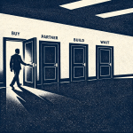 Four labeled doors in a corporate hallway with one chosen and three closed