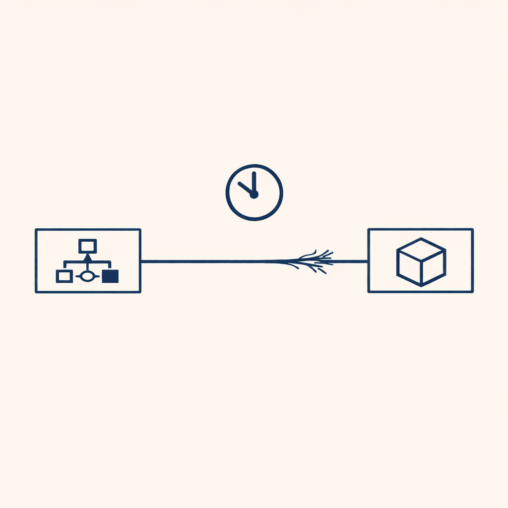 A single thread connecting a workflow box to a model box, the thread visibly fraying near the model with a clock above