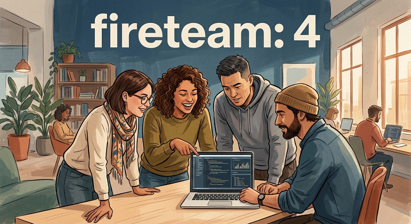 Round-G candidate G03-SEMI-fireteam: SEMI — fireteam of 4 around laptop + overlay (matches two-pizza warmth)