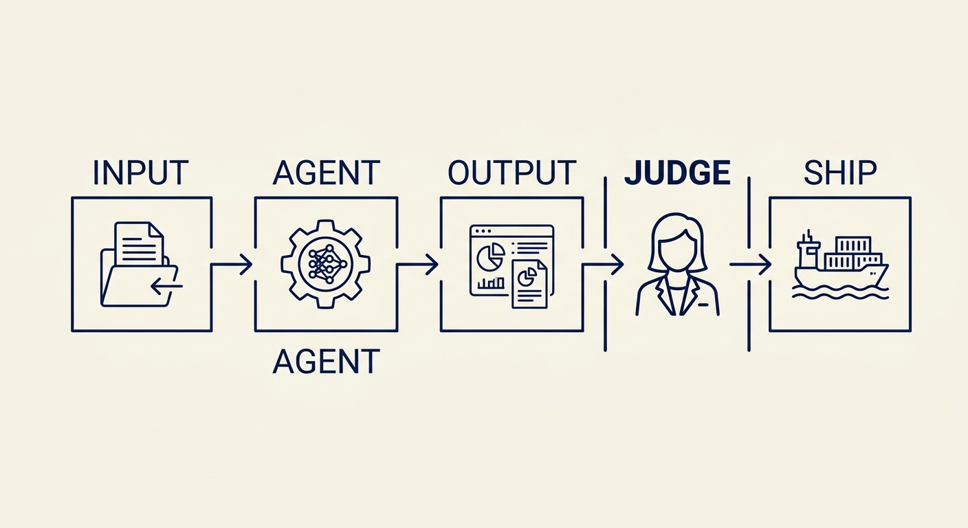 Knowledge-worker image candidate K02-HC-pipeline: HC2 — INPUT-AGENT-OUTPUT-JUDGE-SHIP pipeline with human at JUDGE