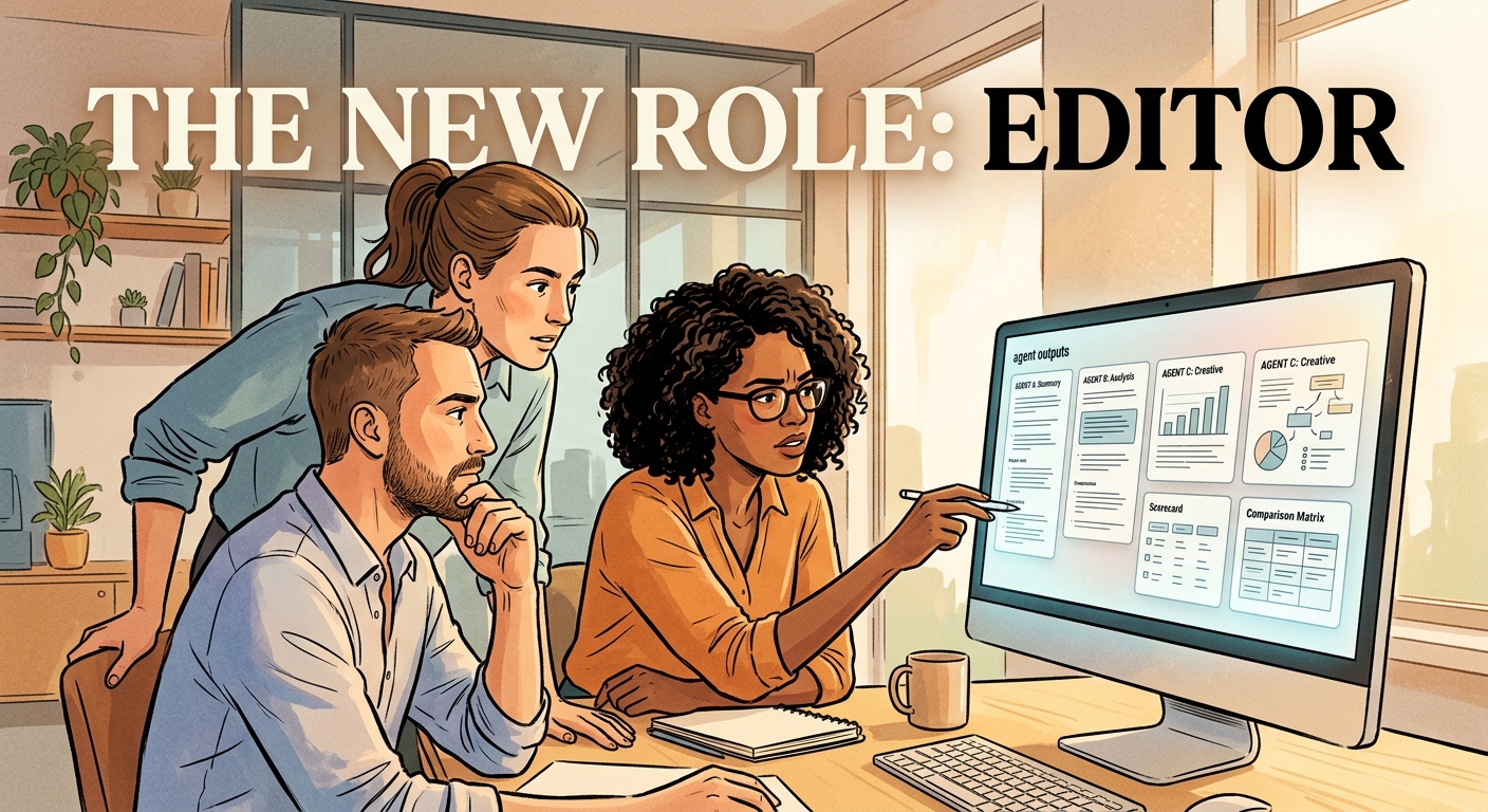 Knowledge-worker image candidate K03-HC-editor: HC3 — colleagues editing agent outputs + overlay text