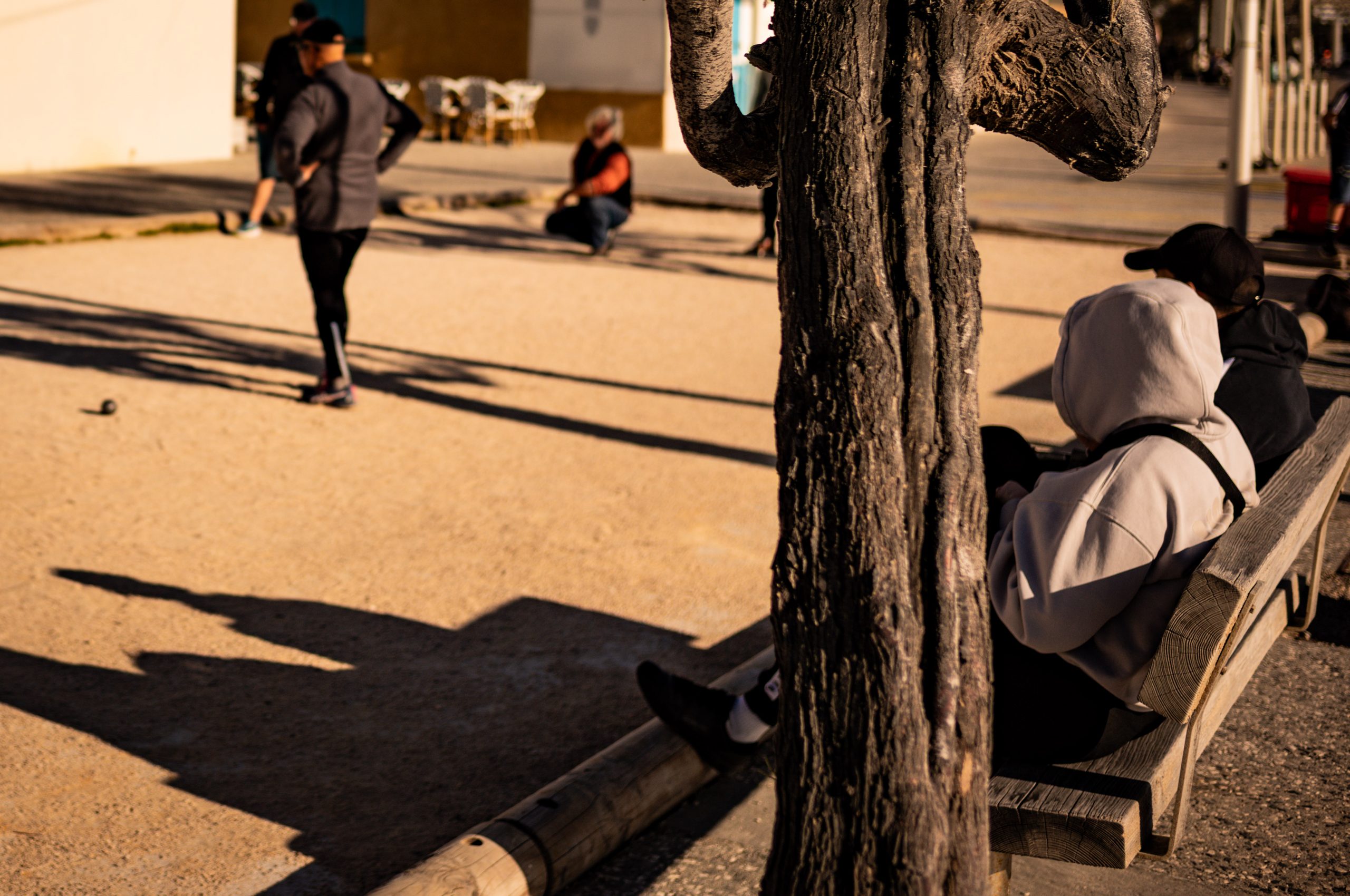 People enjoy a game of pétanque in a sunlit park with trees and seating nearby.